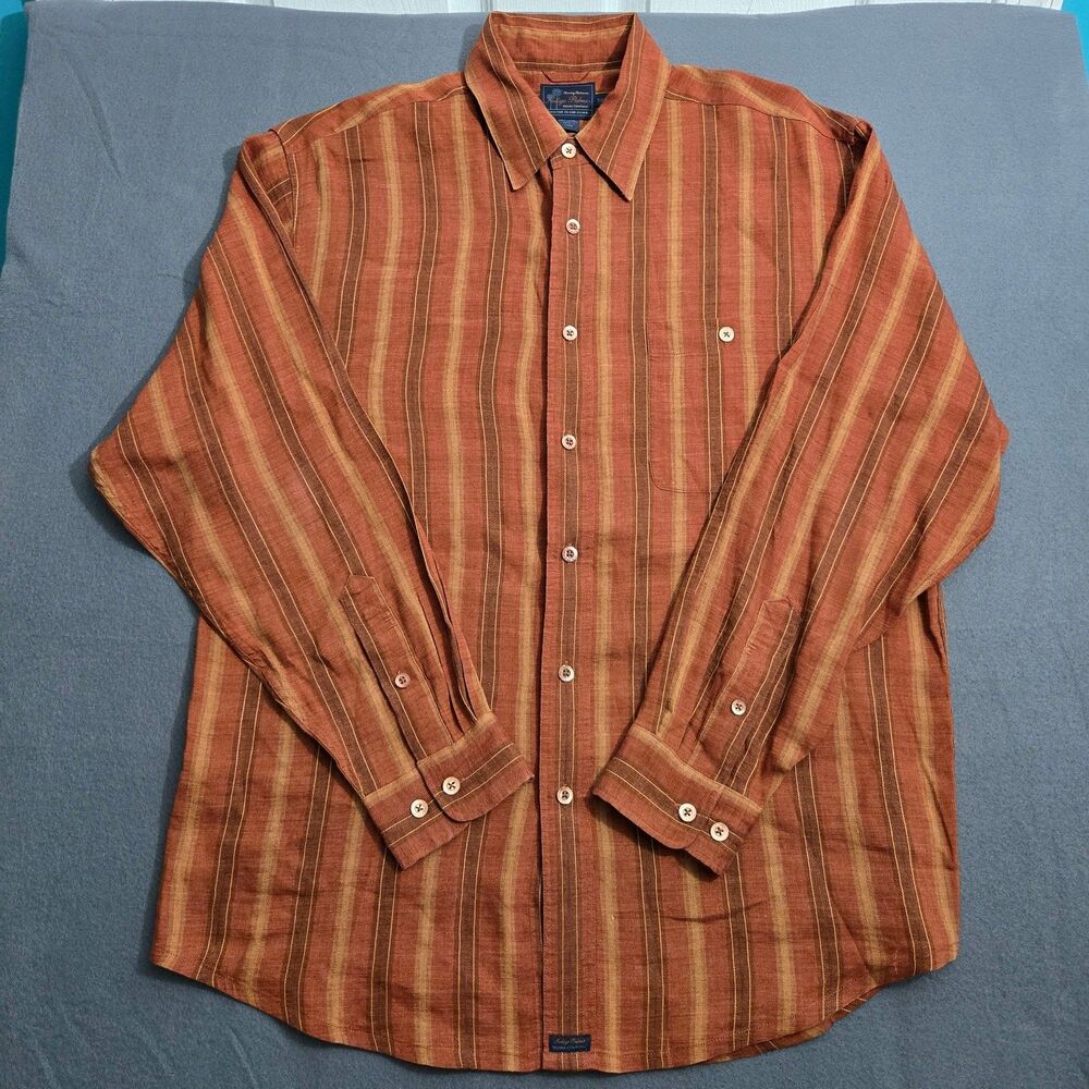 Tommy Bahama Shirt Men M Indigo Palms Orange Long Sleeve Button Down Linen Blend